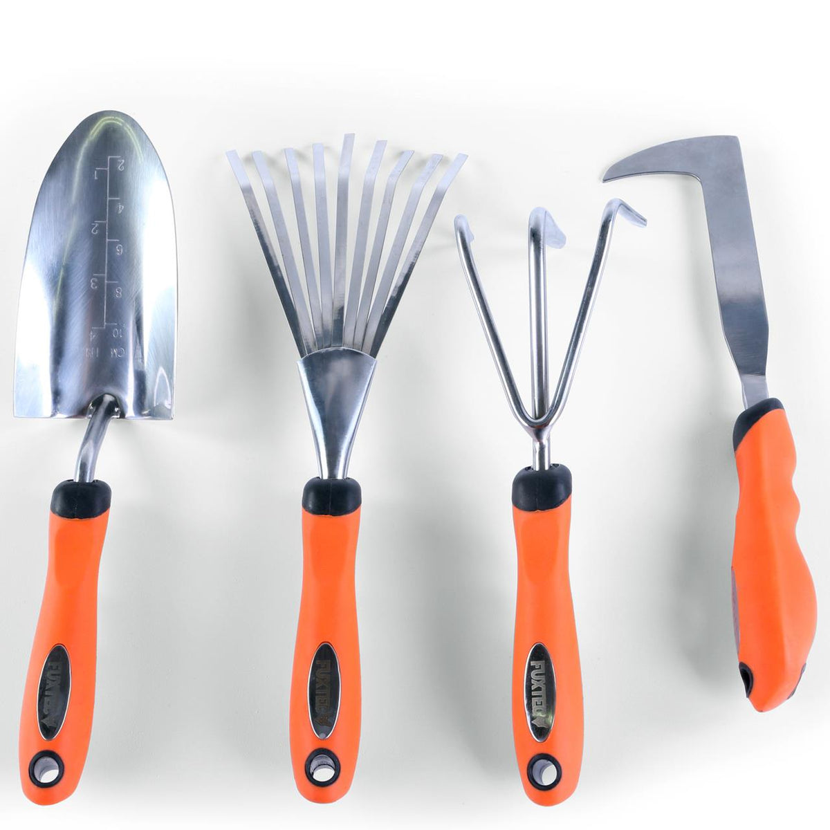 Set de 4 outils de jardin à main premium - grattoir joint, griffe 3 dents, râteau et pelle à main