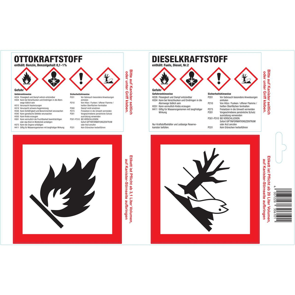 FUXTEC - Feuille de 4 étiquettes autocollantes pour essence/carburant diesel