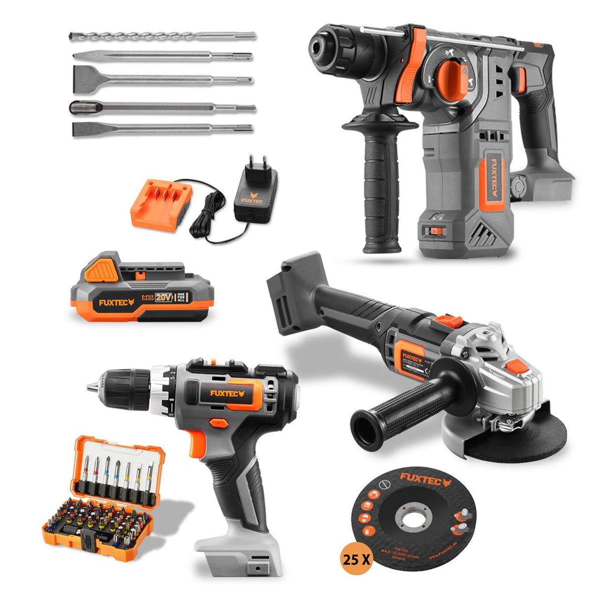 FUXTEC - Kit PowerTool 20V sans fil avec meuleuse d'angle, visseuse sans fil et marteau perforateur
